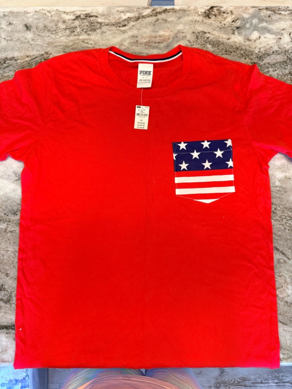 PINK Victoria's Secret Red Short-Sleeve Tee with Stars & Stripes Pocket